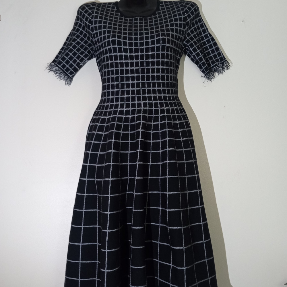 Black & White Windowpane Midi Dress with Fringe Trim